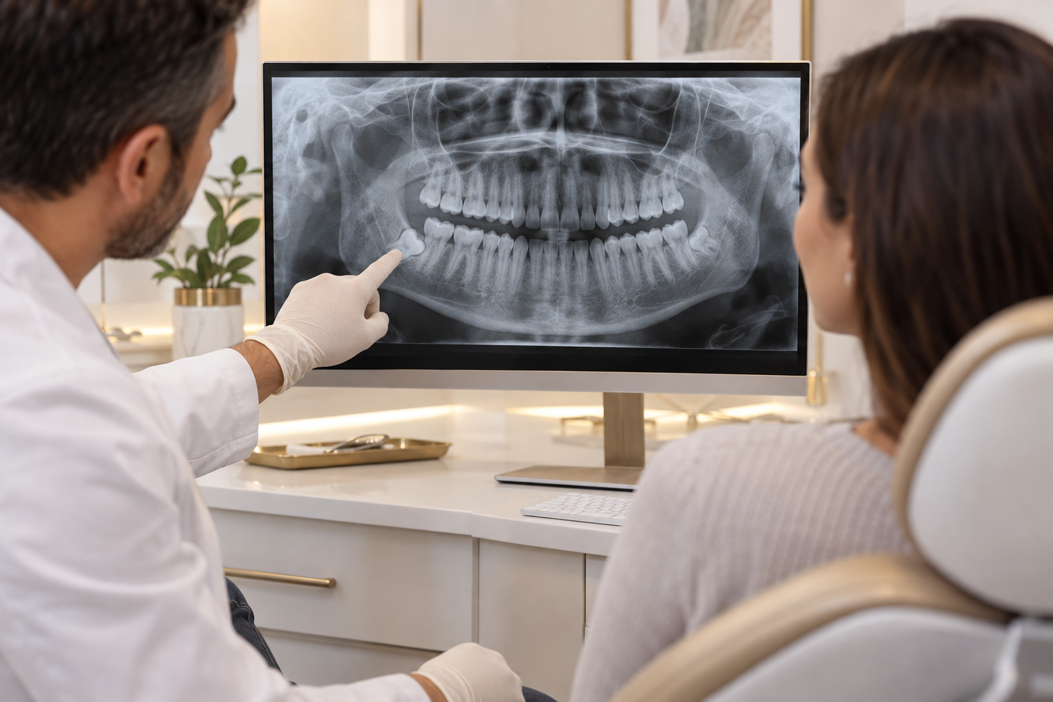 Dentysta omawia pantomogram z zatrzymaną dolną ósemką przed zabiegiem