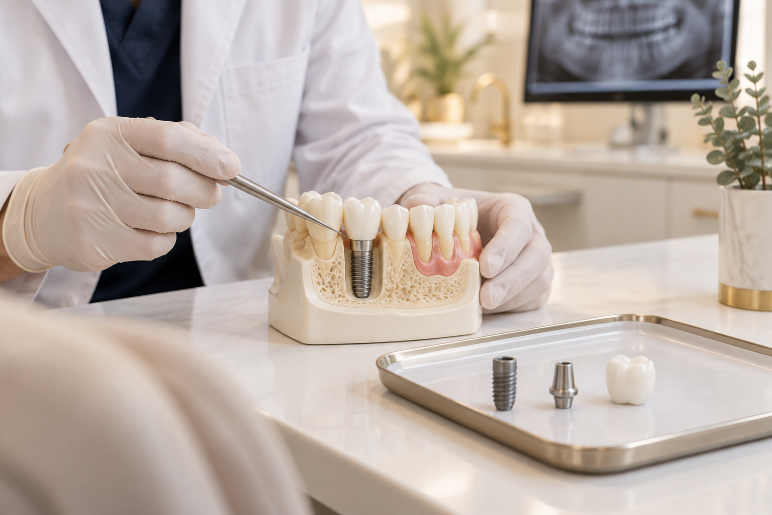 Implant zęba, łącznik i korona przedstawione na modelu szczęki